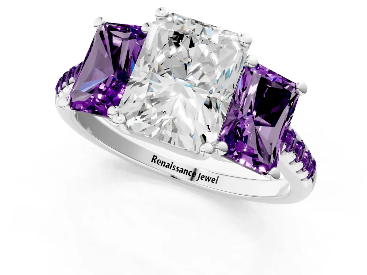 Three-Stone Radiant Cut Diamond Ring with Round Amethyst Pavé Band and Prong Setting Silver