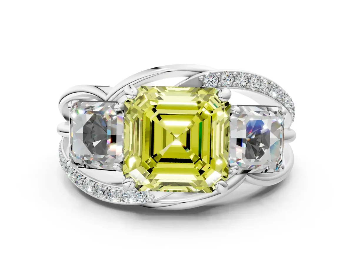 Fancy Yellow Three-Stone Asscher Cut Cut Diamond Split Shank Prong Set Ring Platinum