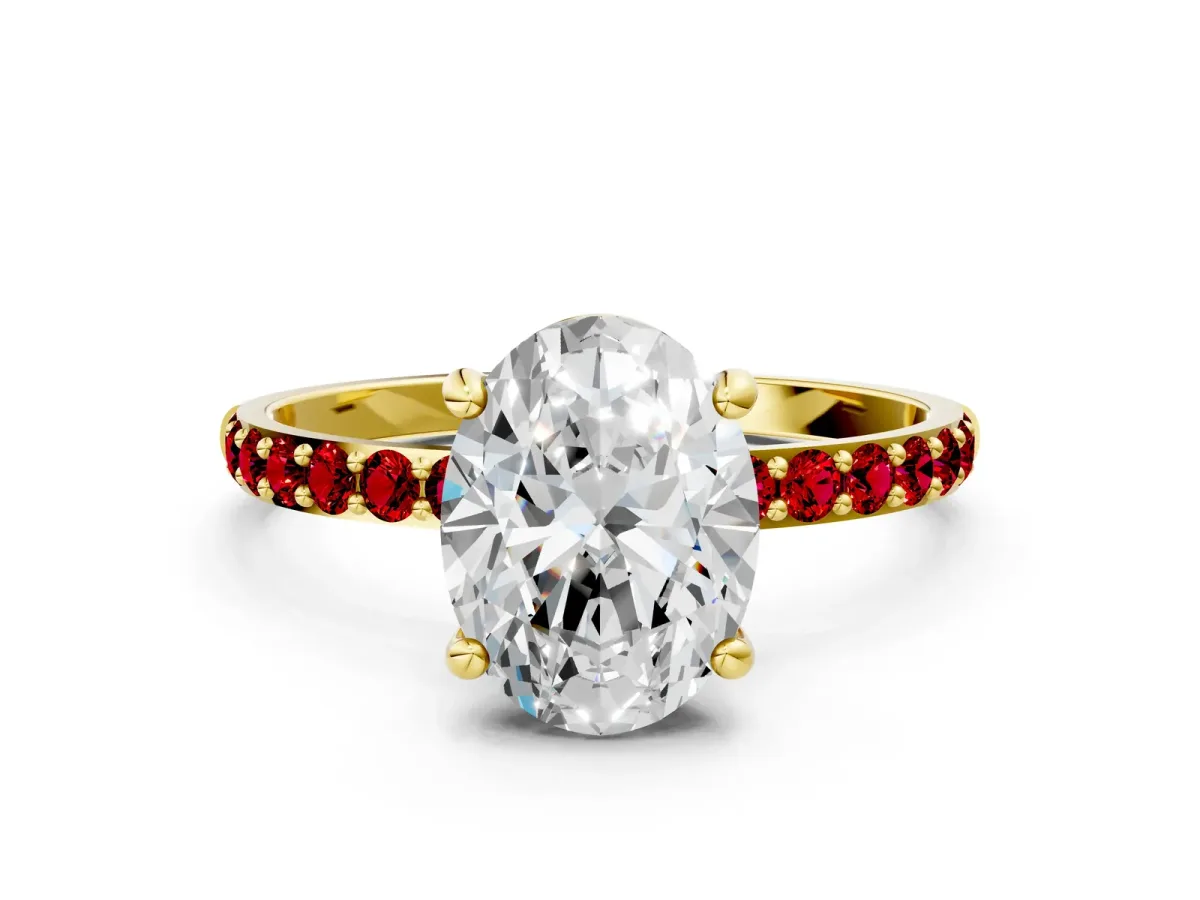 Oval Cut Diamond Solitaire Ring with Round Ruby Pavé Band and Prong Setting Yellow gold