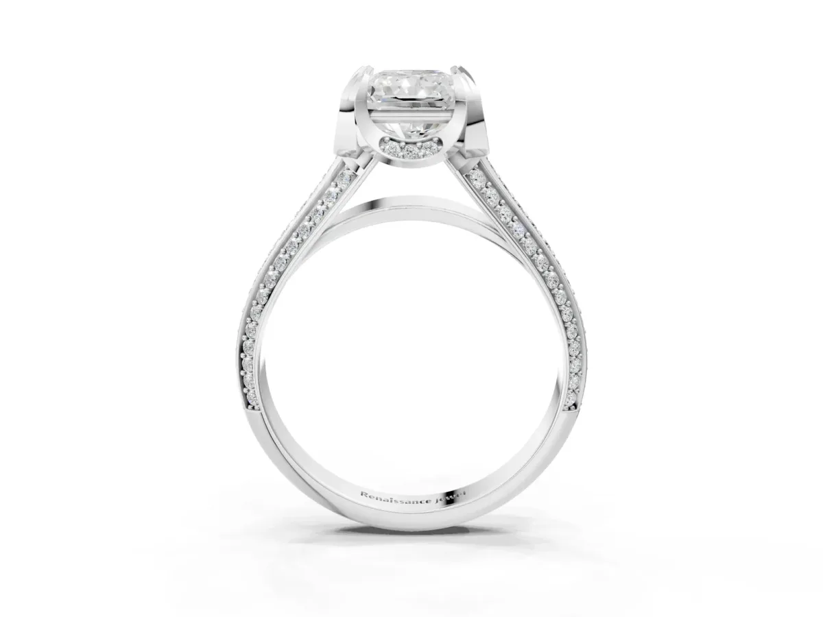 Radiant Cut Solitaire Pave Split Shank Ring with Four-Prong Setting Platinum