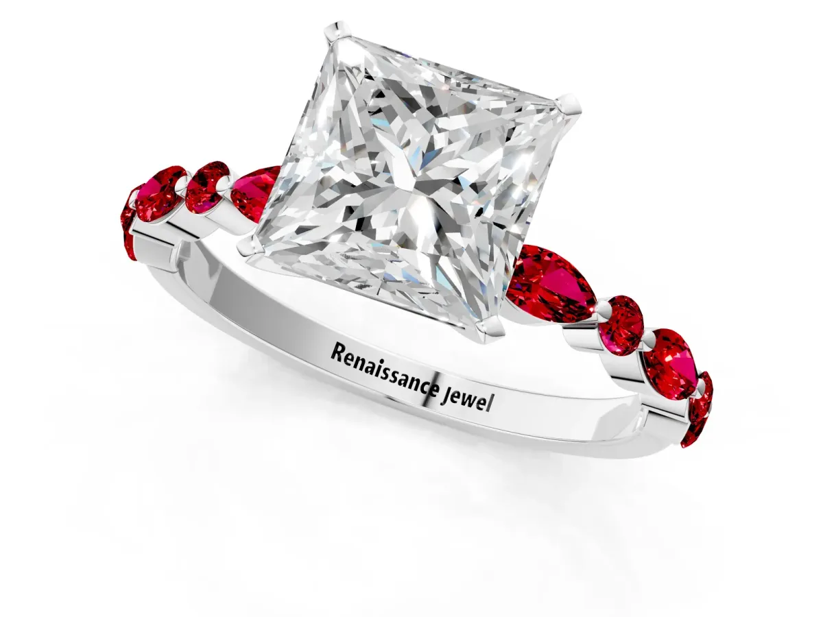 Princess Cut Diamond Ring with Marquise and Round Ruby Side Stones and Four-Prong Setting White gold