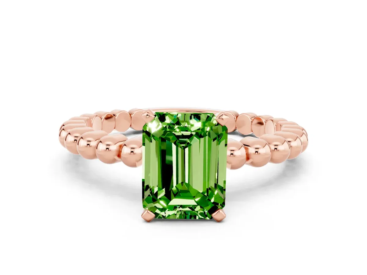 Emerald Cut Peridot Solitaire Ring with Beaded Band and Prong Setting Rose gold