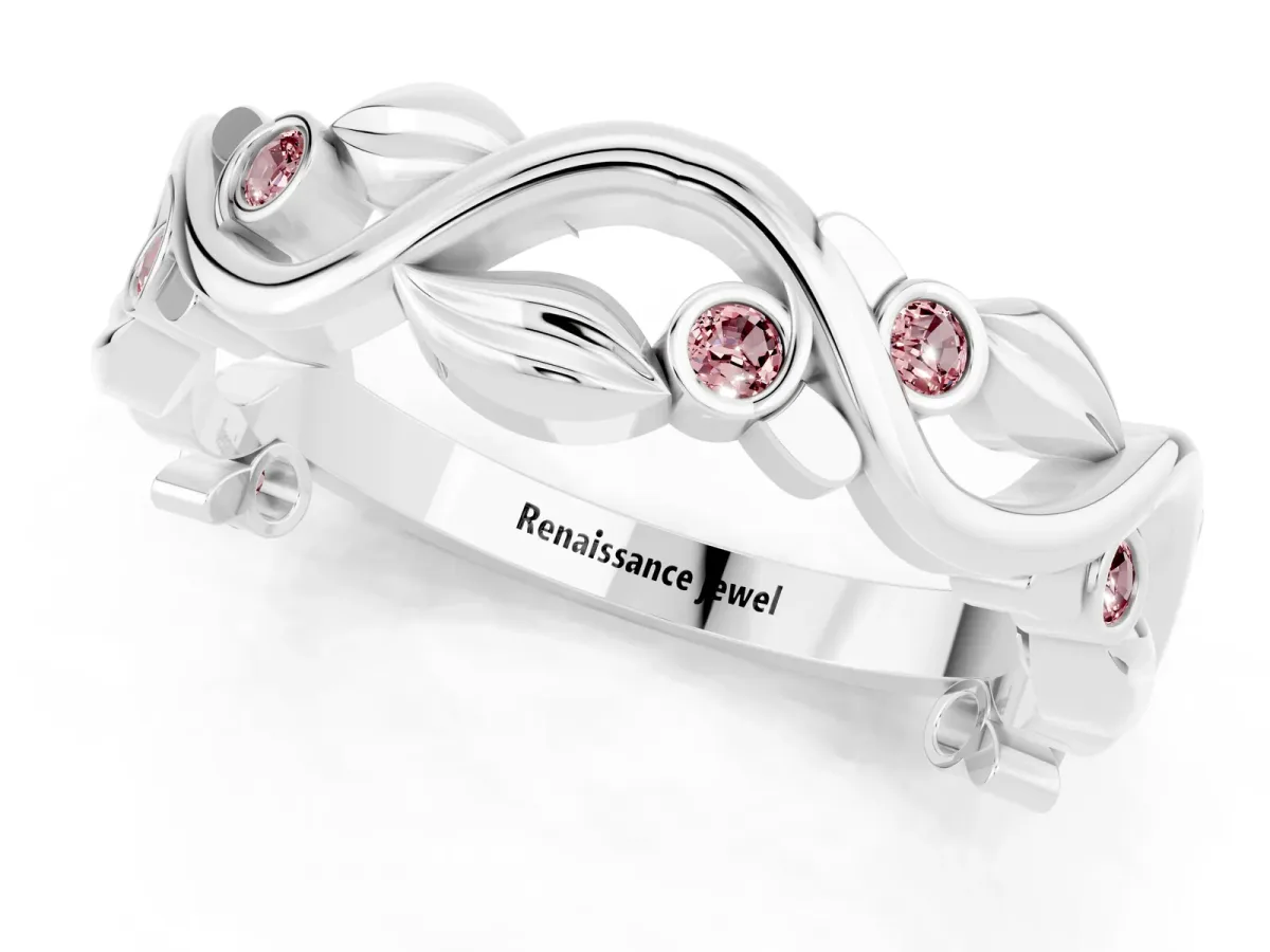 Round Morganite Leaf Eternity Band with Bezel Setting White gold
