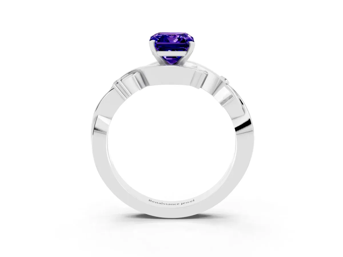 Emerald Cut Tanzanite Solitaire Ring with Twisted Band and Prong Setting Silver
