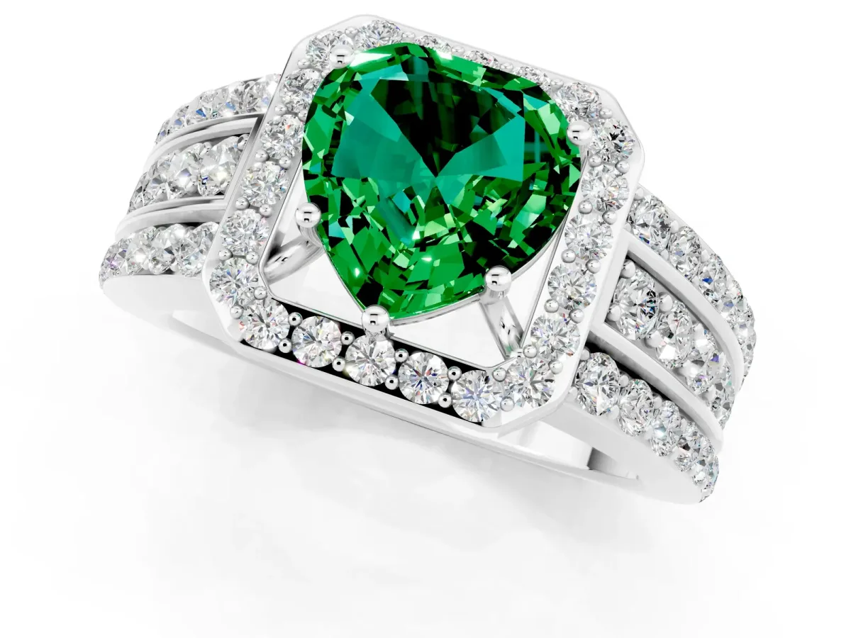 Heart Cut Halo Emerald Ring with Round Split Shank and Prong Setting Platinum