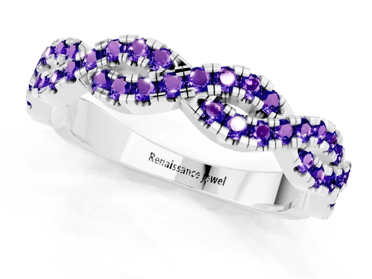 Round Tanzanite Twisted Eternity Band with Pavé and Shared Prong Setting Silver