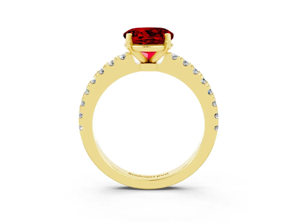 Round Cut Solitaire Ruby with Pavé Band and Four-Prong Setting Yellow gold