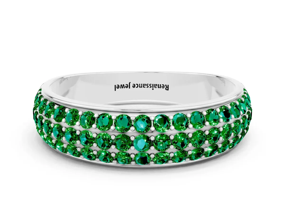 Three-Row Round Emerald Eternity Band with Shared Prong Setting Platinum