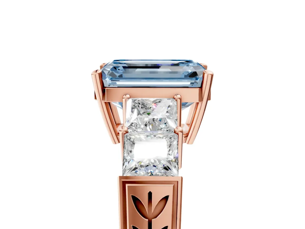 Fancy Blue Emerald Cut Solitaire Princess Side Stone Engraved Band Prong Setting Ring Rose gold
