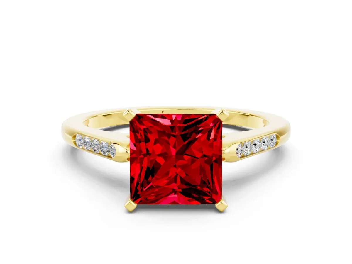 Princess Cut Ruby Solitaire Ring with Channel Set Round Band and Prong Setting Yellow gold
