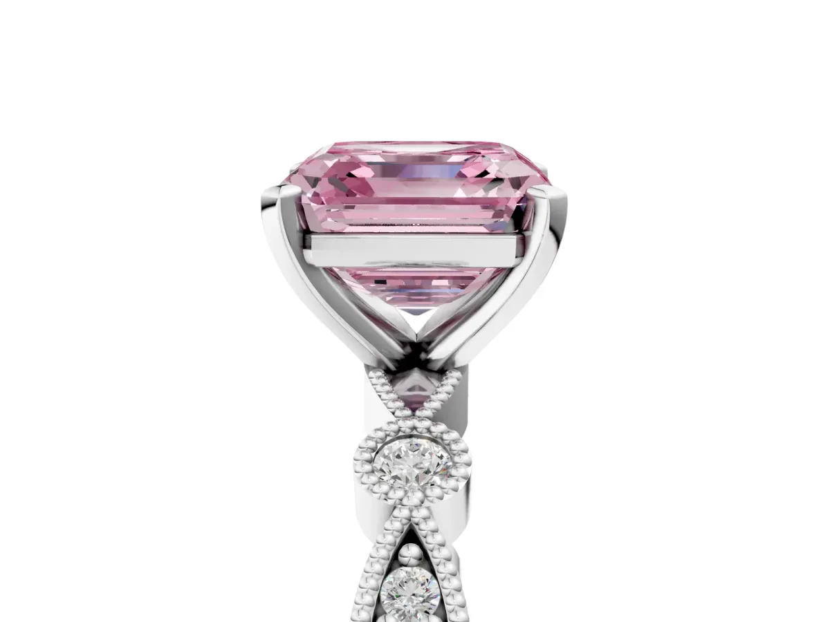 Fancy Pink Asscher Cut Milgrain Bezel Diamond Engagement Ring with Solitaire Prong Setting Platinum