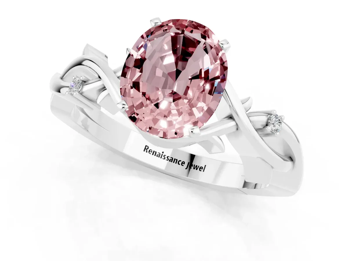 Oval Cut Morganite Solitaire Ring with Twisted Band and Prong Setting Platinum