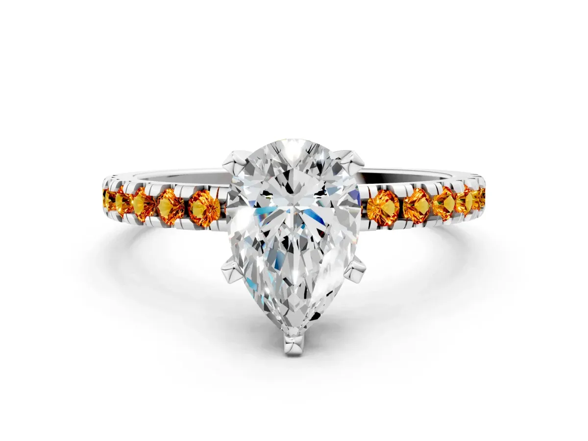 Pear Cut Diamond Solitaire Ring with Round Citrine Pavé Band and Four-Prong Setting Silver