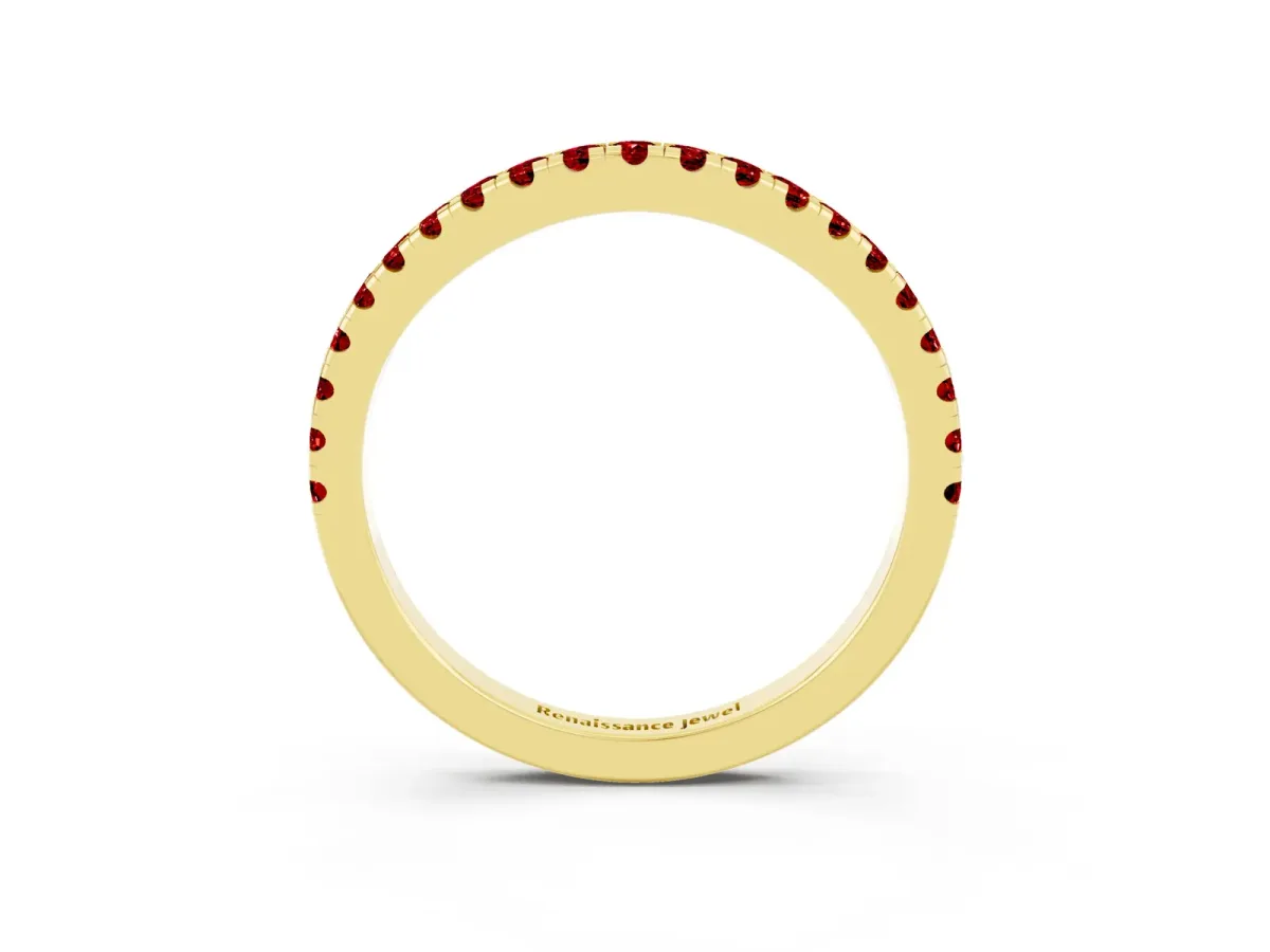 Round Ruby Pavé Half Eternity Band with Shared Prong Setting Yellow gold