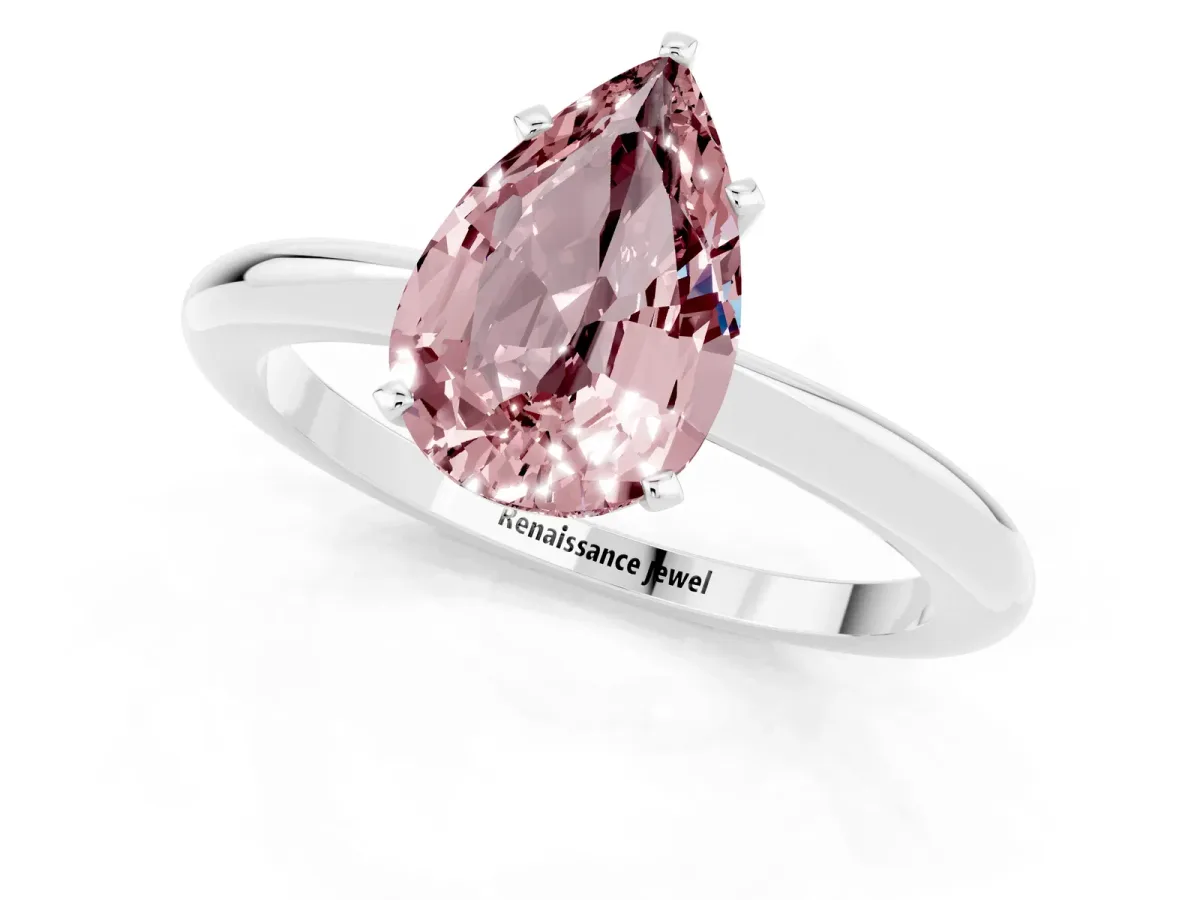 Pear Cut Morganite Solitaire Ring with Six-Prong Setting and Classic Band Platinum
