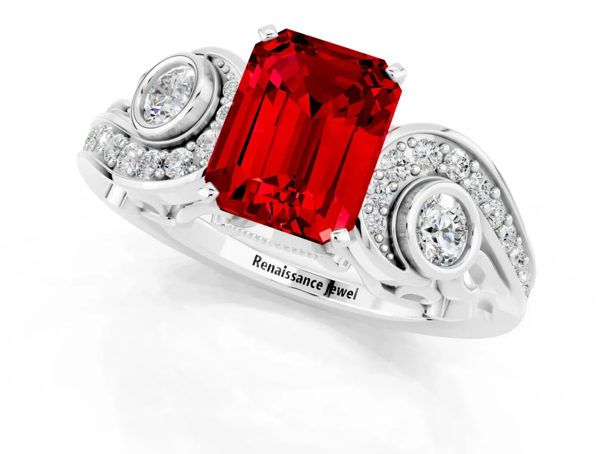 Emerald Cut Ruby Solitaire Ring with Milgrain Pavé Band and Four-Prong Setting Silver