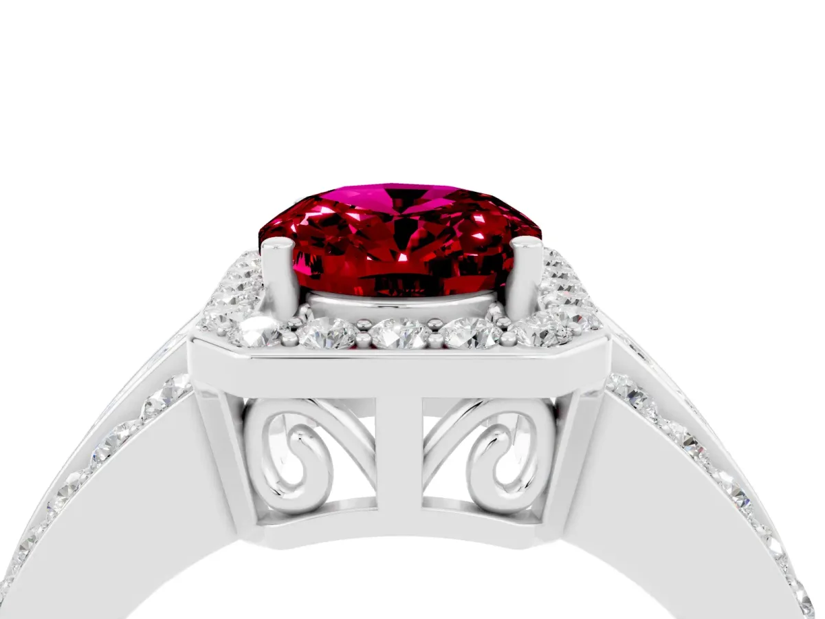Oval Cut Halo Garnet Ring with Round Split Shank and Prong Setting Platinum