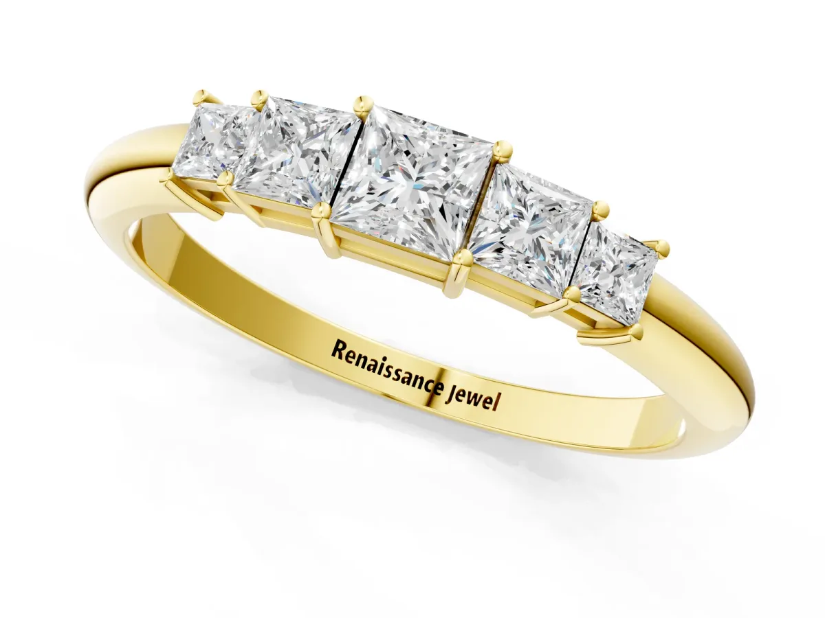 Princess Cut Five-Stone Prong Set Diamond Band Yellow gold