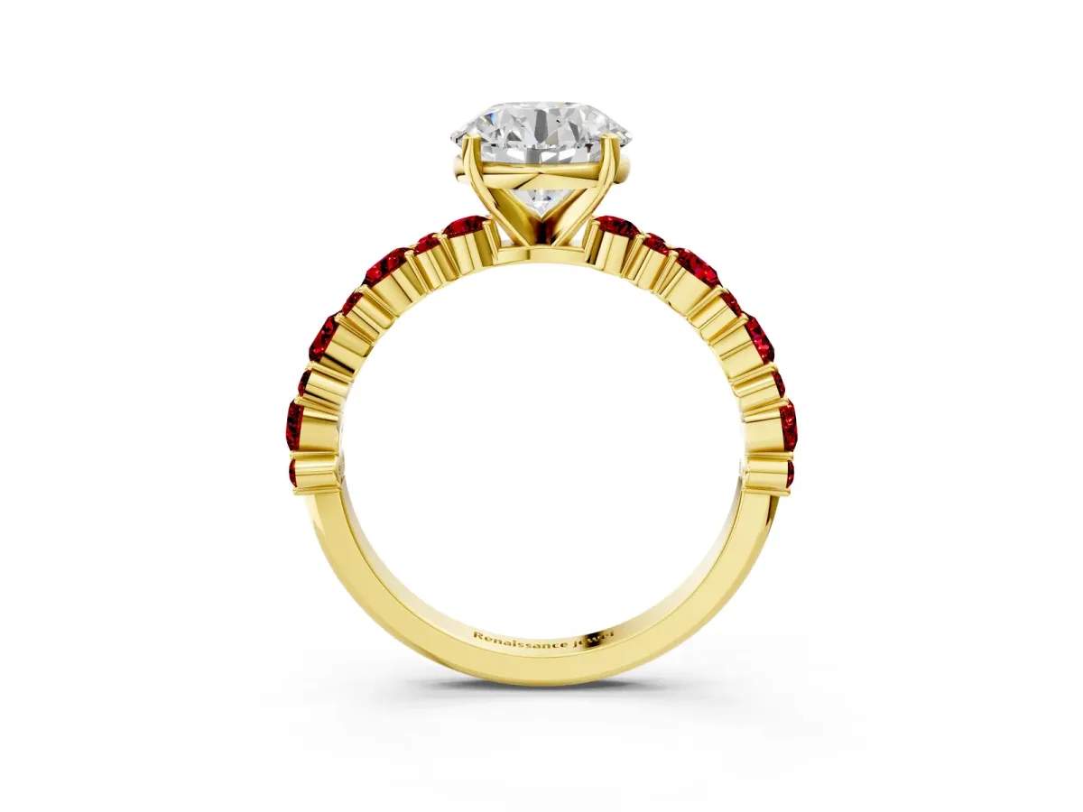 Round Cut Diamond Side Stone Solitaire Ring with Round Ruby and Four-Prong Setting Yellow gold