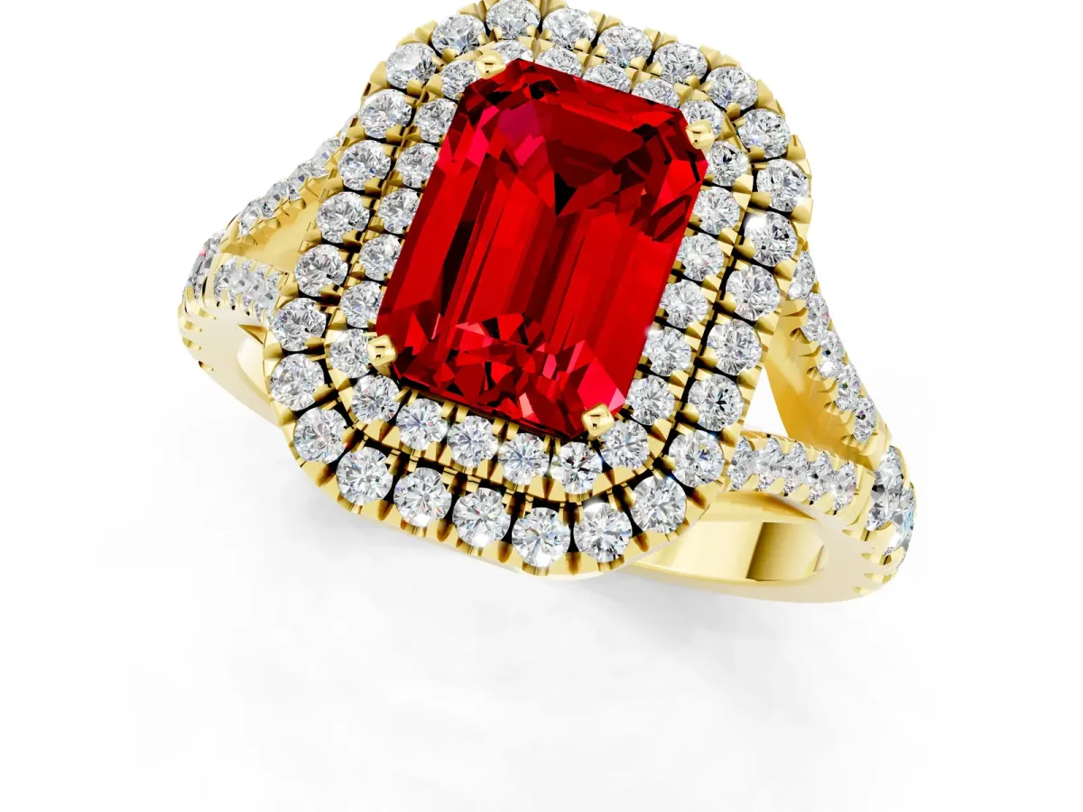 Double Halo Emerald Cut Ruby Split Shank Engagement Ring with Four-Prong Setting Yellow gold