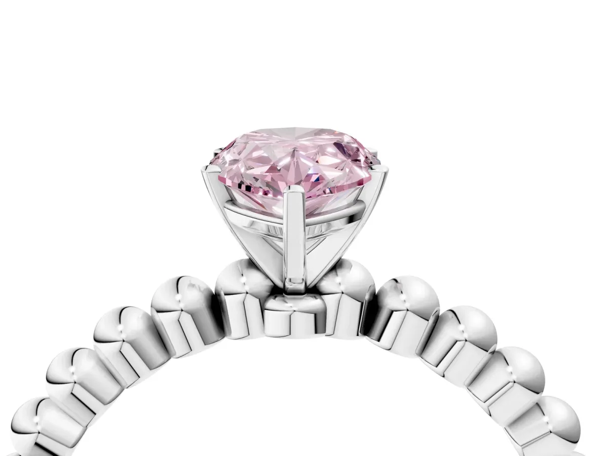 Fancy Pink Pear Cut Diamond Solitaire Ring with Beaded Band and Prong Setting Platinum