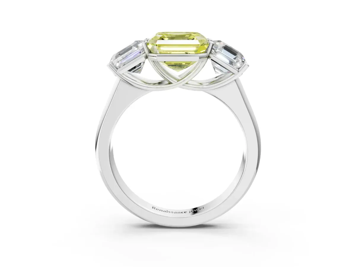 Fancy Yellow Asscher Cut Three-Stone Diamond Ring with Prong Setting on a Classic Band Platinum