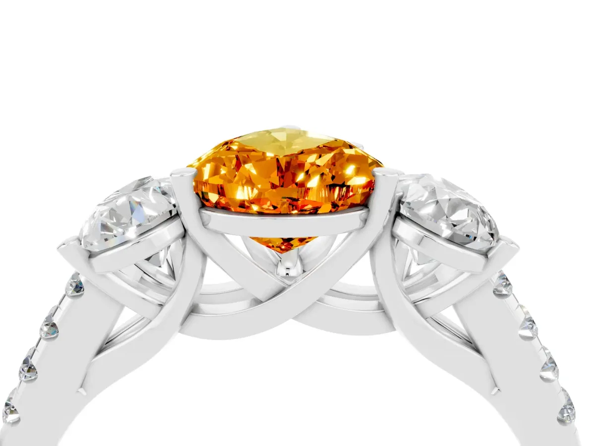 Three-Stone Pear Cut Citrine Ring with Round Pavé Band and Prong Setting Silver