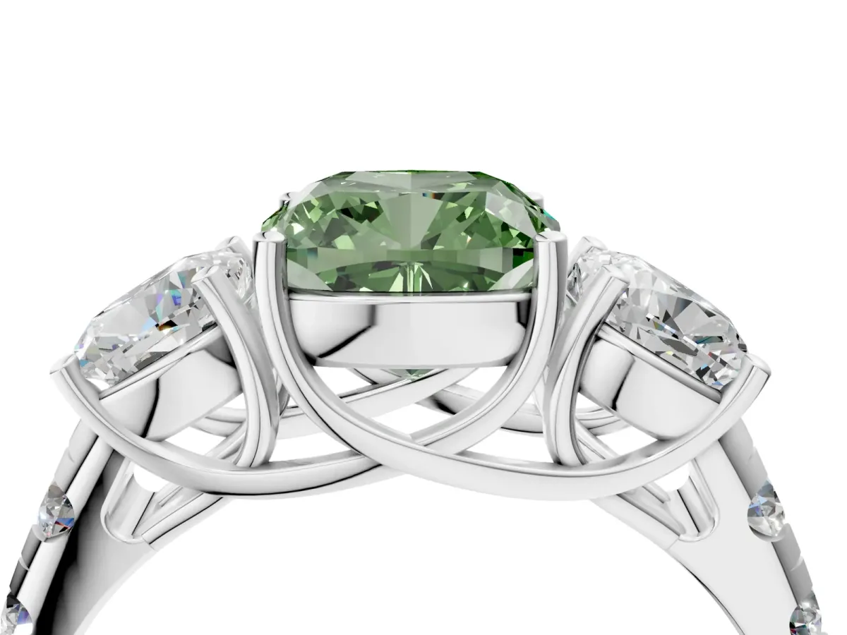 Fancy Green Three-Stone Cushion Cut Diamond Pavé Band with Prong Setting Platinum