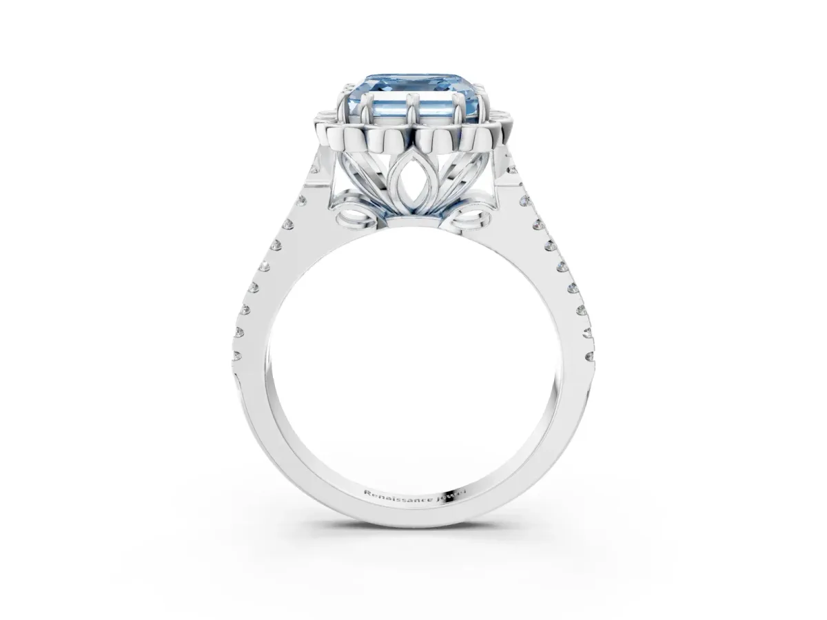 Fancy Blue Asscher Cut Halo Diamond Floral Split Shank Engagement Ring Platinum