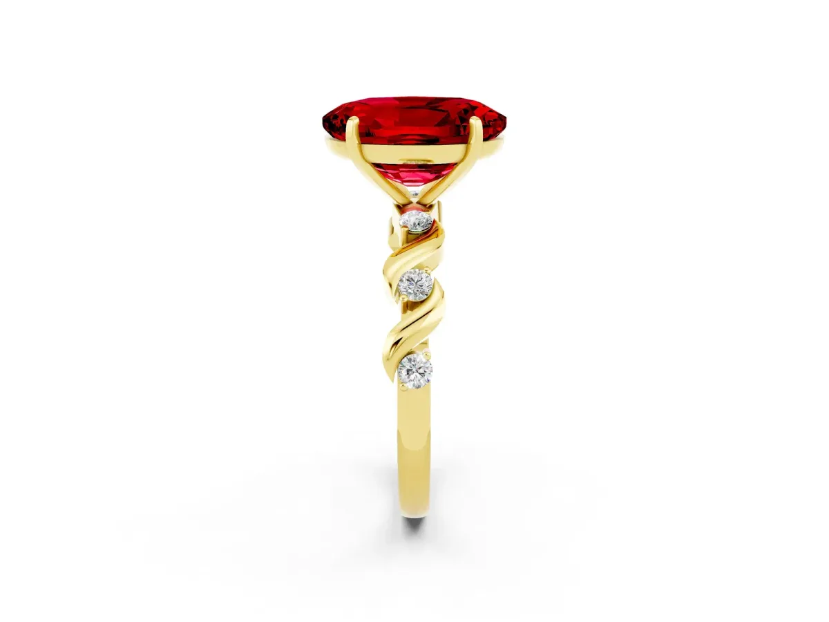 Oval Cut Ruby Solitaire Twisted Band with Round Accents and Prong Setting Yellow gold