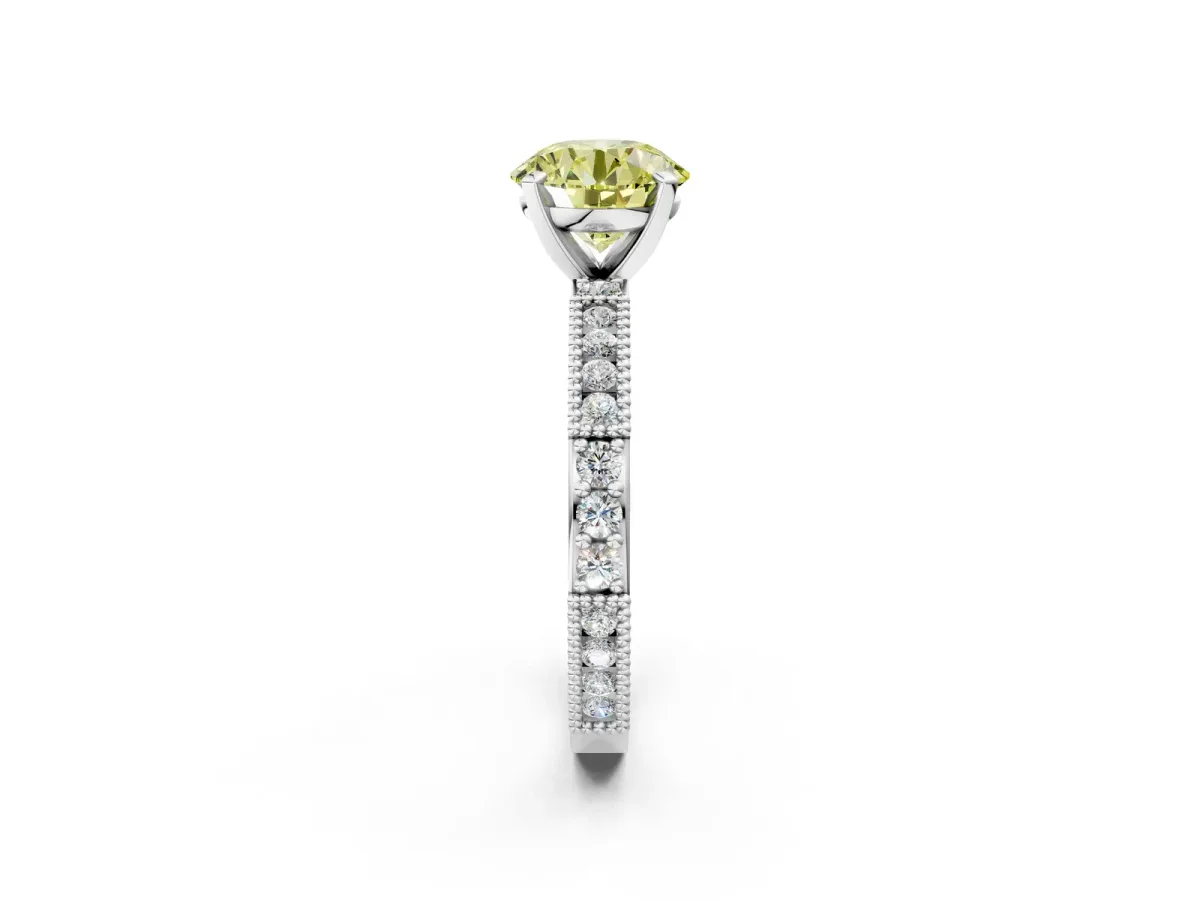 Fancy Yellow Round Cut Solitaire with Pavé Band and Four-Prong Setting Platinum