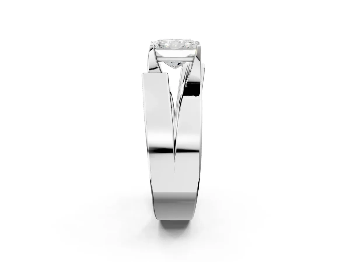 Modern Tension Set Radiant Cut Diamond Solitaire Wide Band Ring Silver