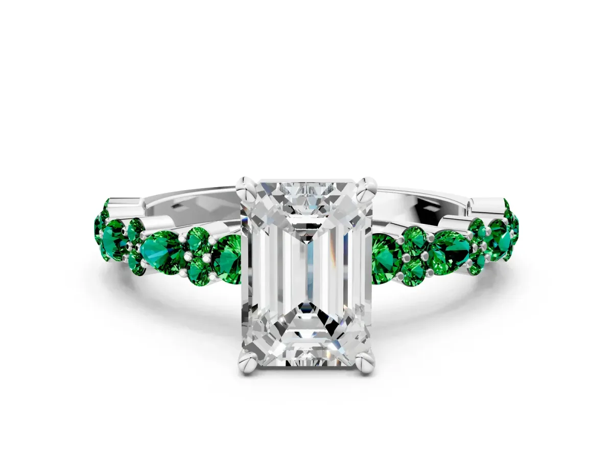 Emerald Cut Diamond Side Stone Solitaire Ring with Round Emerald and Four-Prong Setting Platinum