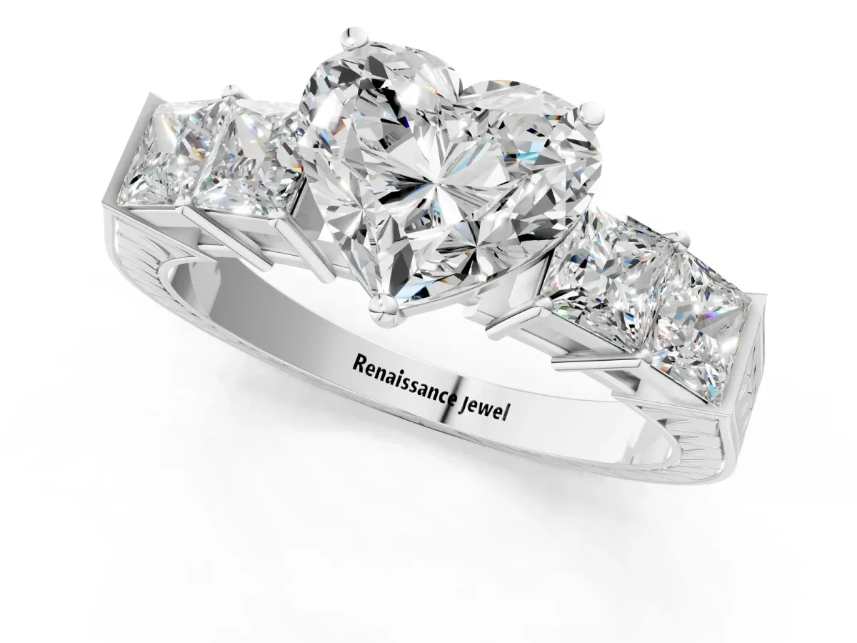 Heart Cut Solitaire Princess Side Stone Engraved Band Prong Setting Ring Platinum