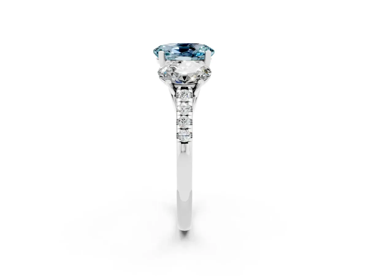 Three-Stone Oval Cut Aquamarine Ring with Round Pavé Band and Prong Setting Silver