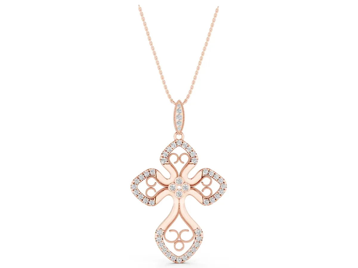 Diamond Pavé Round Milgrain Cross Pendant Rose gold