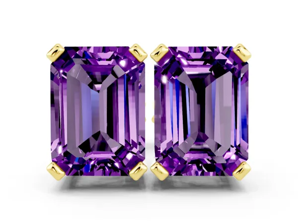 Emerald Cut Amethyst Stud Earrings Yellow gold