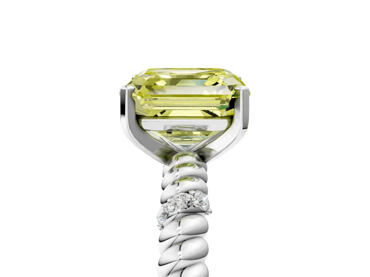 Fancy Yellow Asscher Cut Solitaire Twisted Band Prong Set Engagement Ring Platinum