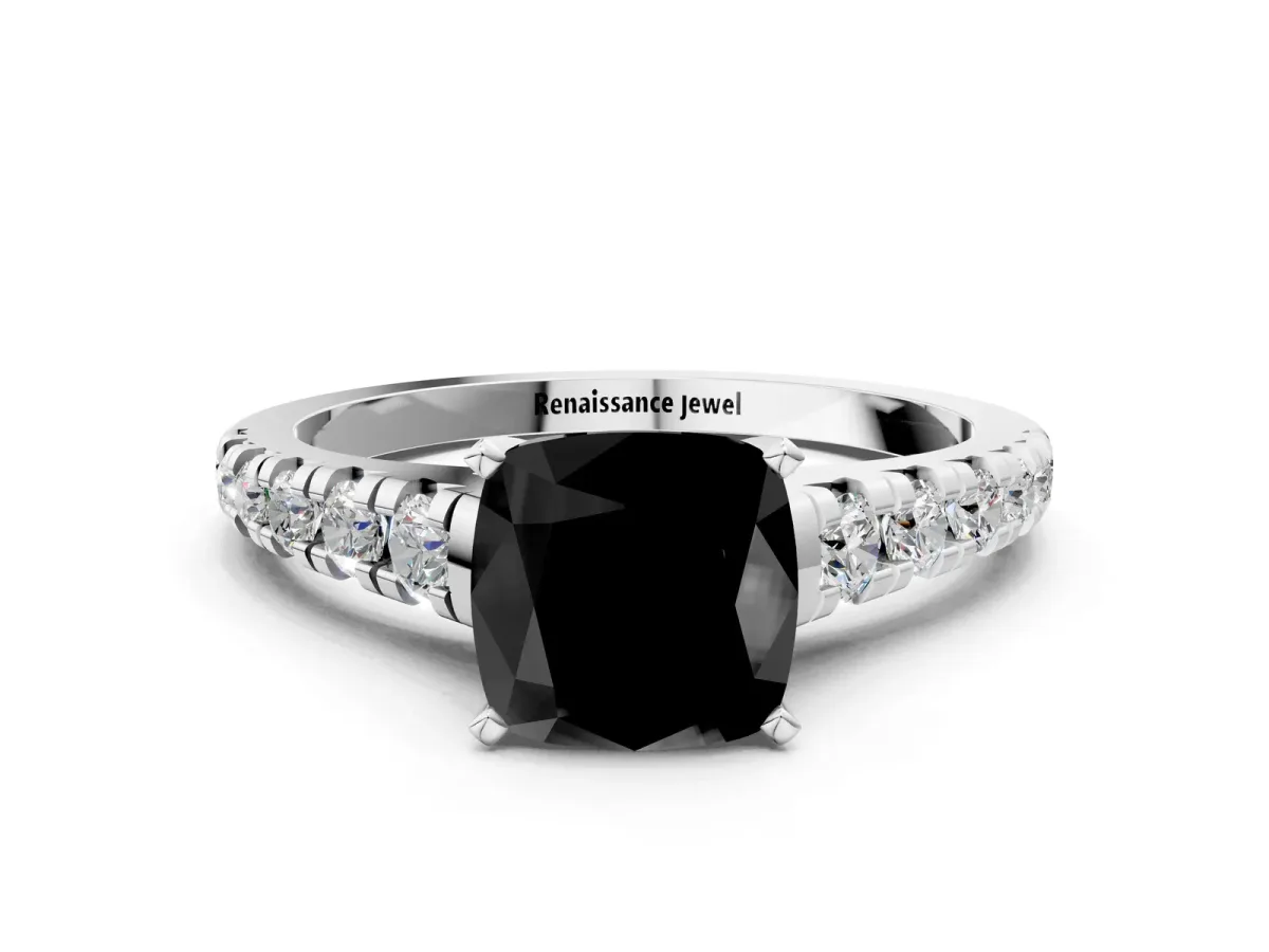 Fancy Black Cushion Cut Diamond Cathedral Solitaire Ring with Round Pavé Band Silver