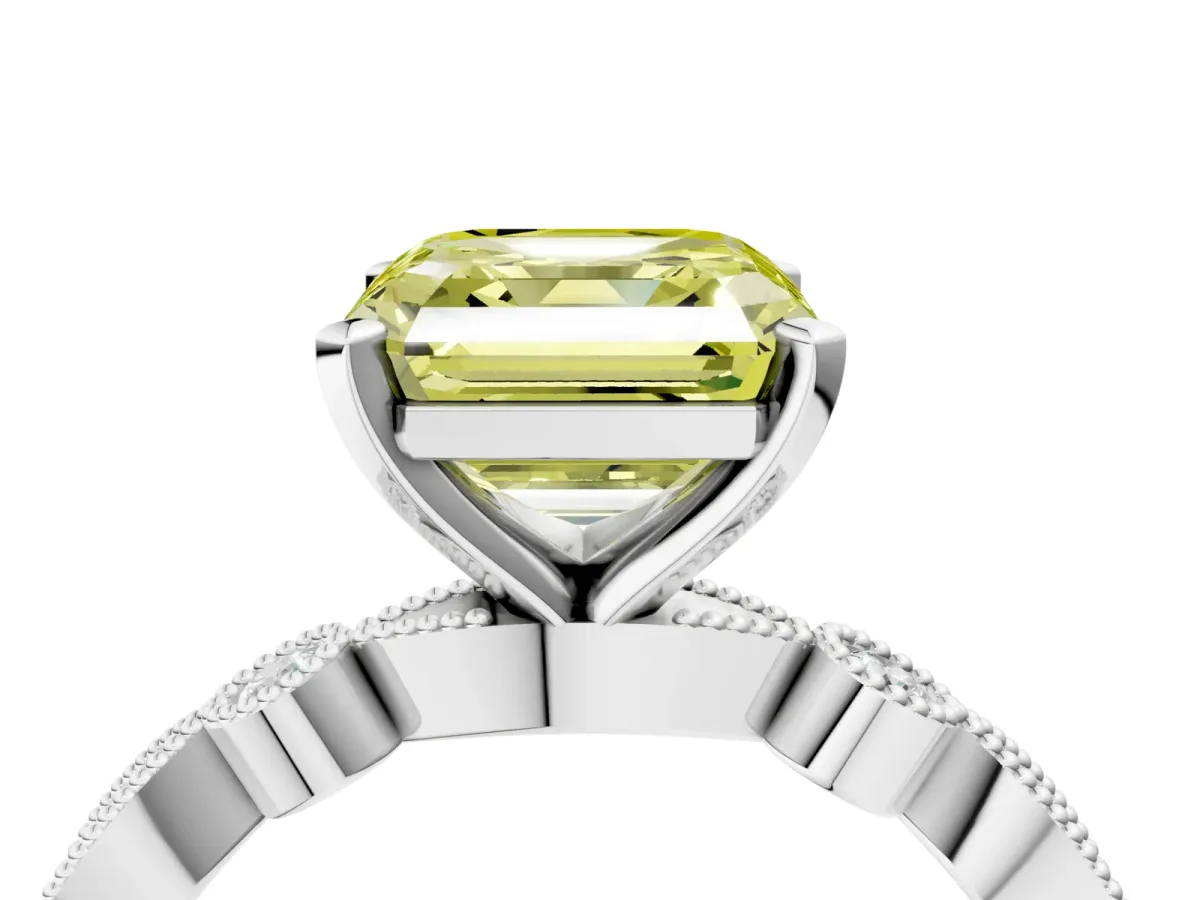 Fancy Yellow Asscher Cut Milgrain Bezel Diamond Engagement Ring with Solitaire Prong Setting Platinum