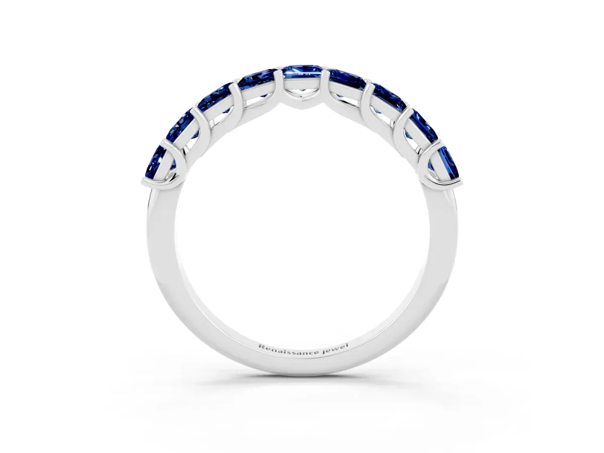 Princess Cut Blue Sapphire Channel-Set Eternity Band with Prong Setting Silver