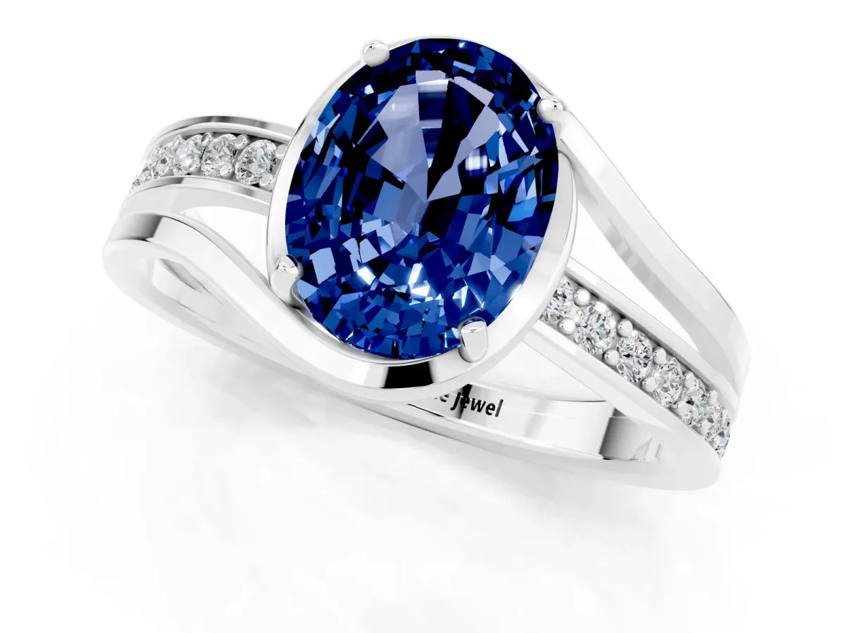 Oval Cut Blue Sapphire Solitaire Ring with Split Shank and Prong Setting White gold