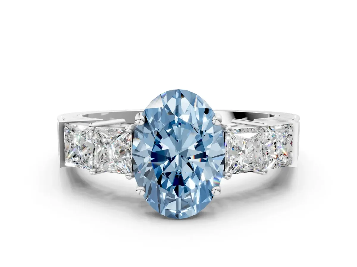Fancy Blue Oval Cut Solitaire Princess Side Stone Engraved Band Prong Setting Ring Silver