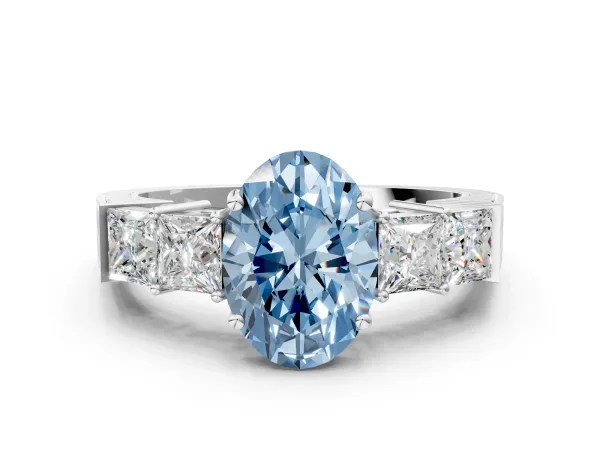 Fancy Blue Oval Cut Solitaire Princess Side Stone Engraved Band Prong Setting Ring Platinum