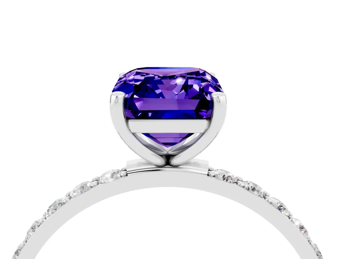 Emerald Cut Tanzanite Solitaire Ring with Round Pavé Band and Prong Setting Platinum