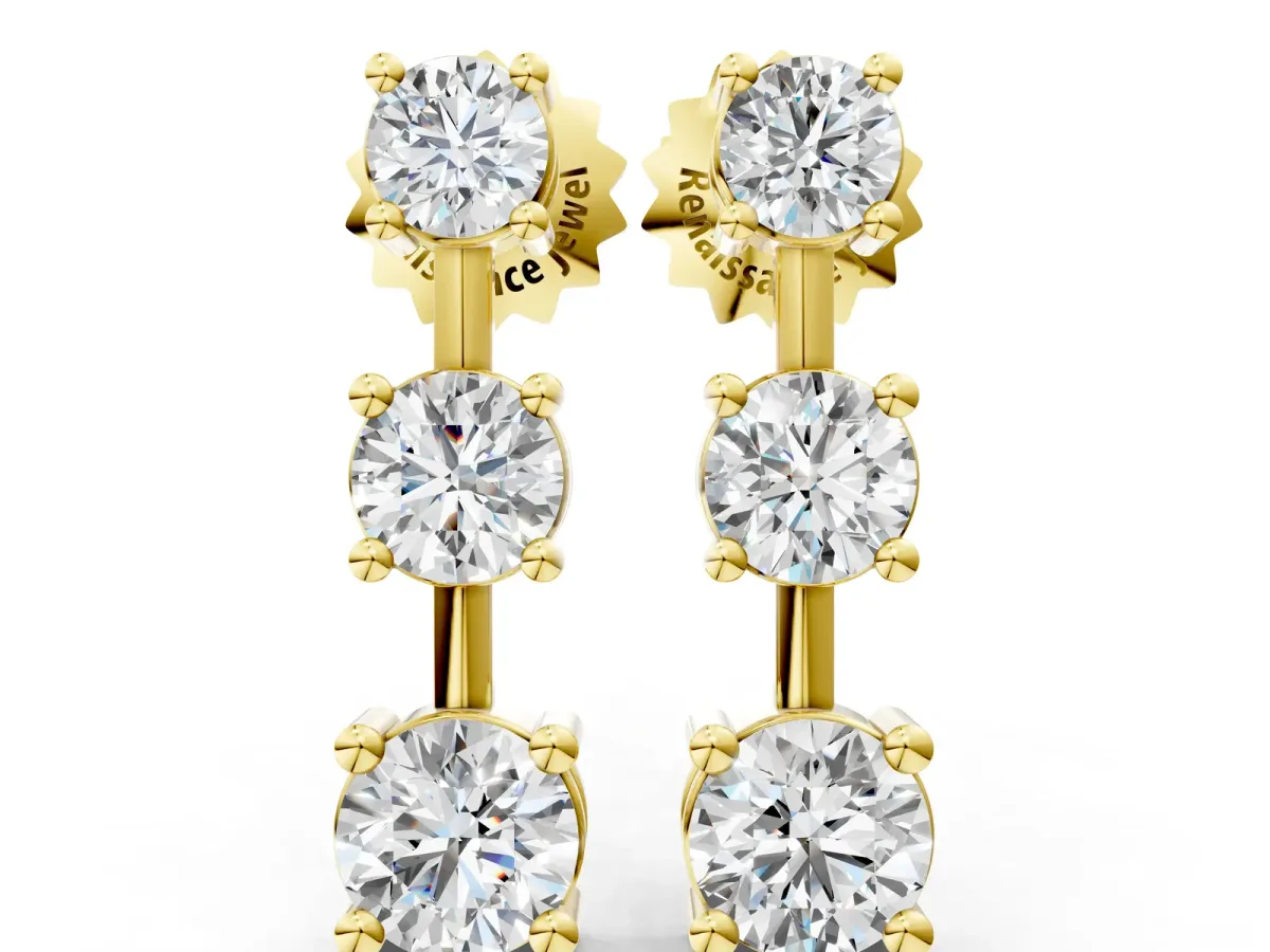 Three-Stone Round Cut Drop Earrings with Prong Setting Yellow gold