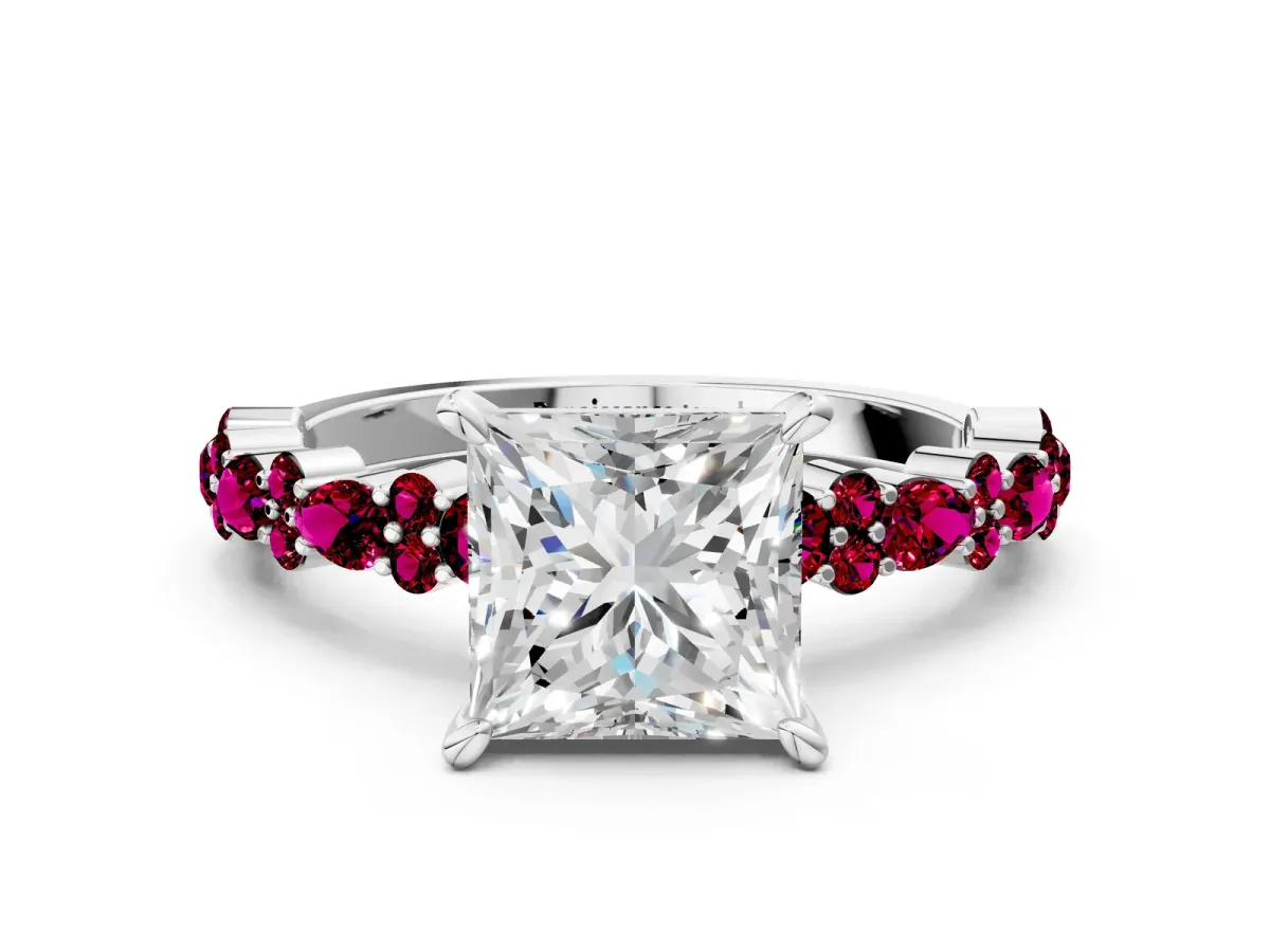Princess Cut Diamond Side Stone Solitaire Ring with Round Garnet and Four-Prong Setting Platinum