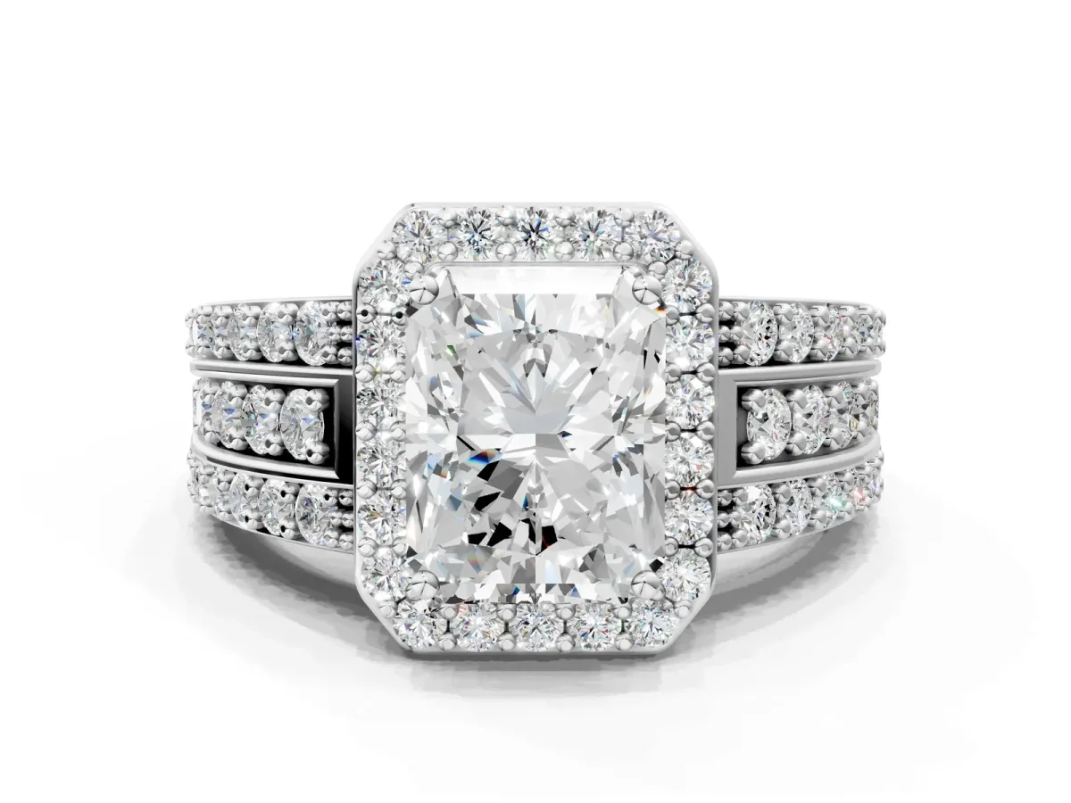 Radiant Cut Halo Diamond Ring with Round Moissanite Split Shank and Prong Setting Silver