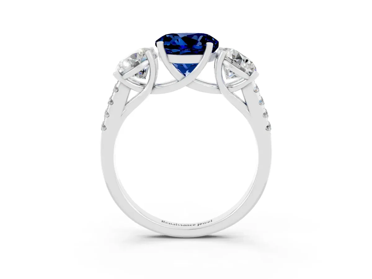 Three-Stone Round Cut Blue Sapphire Ring with Round Pavé Band and Prong Setting Silver