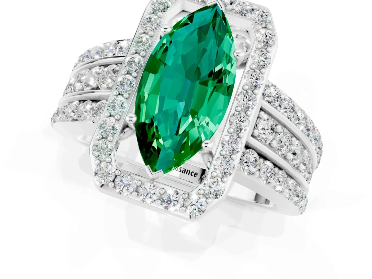 Marquise Cut Halo Emerald Ring with Round Split Shank and Prong Setting Platinum